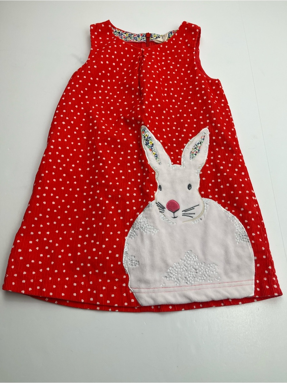 Mini Boden Red Orange Corduroy Polka Dot Bunny Jumper Dress Size 4 - 5 Years